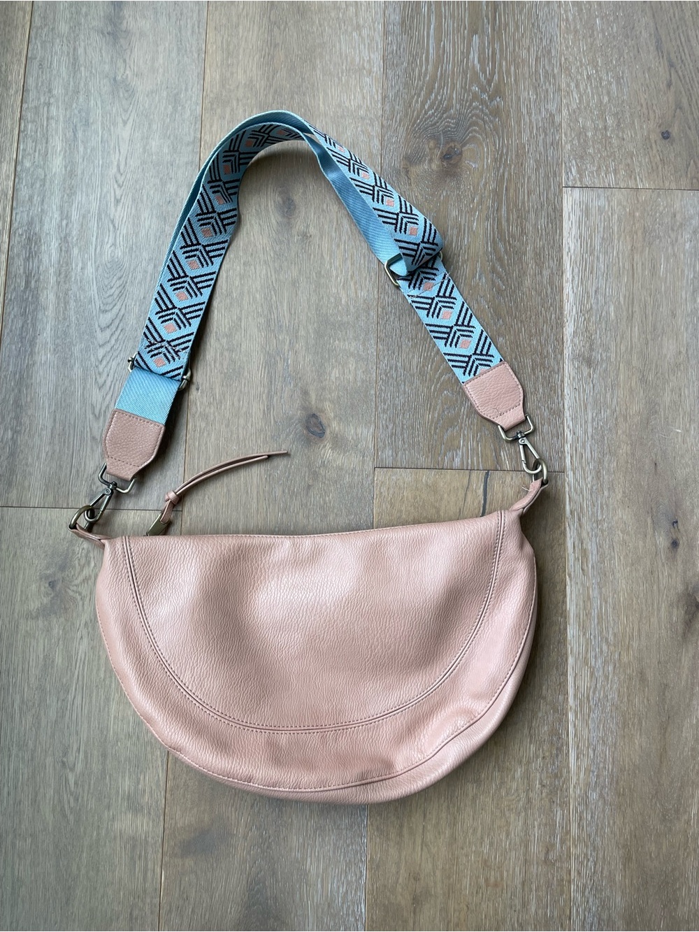 Anthropologie Blush Crescent Leather Crossbody with Patterned Blue Strap
